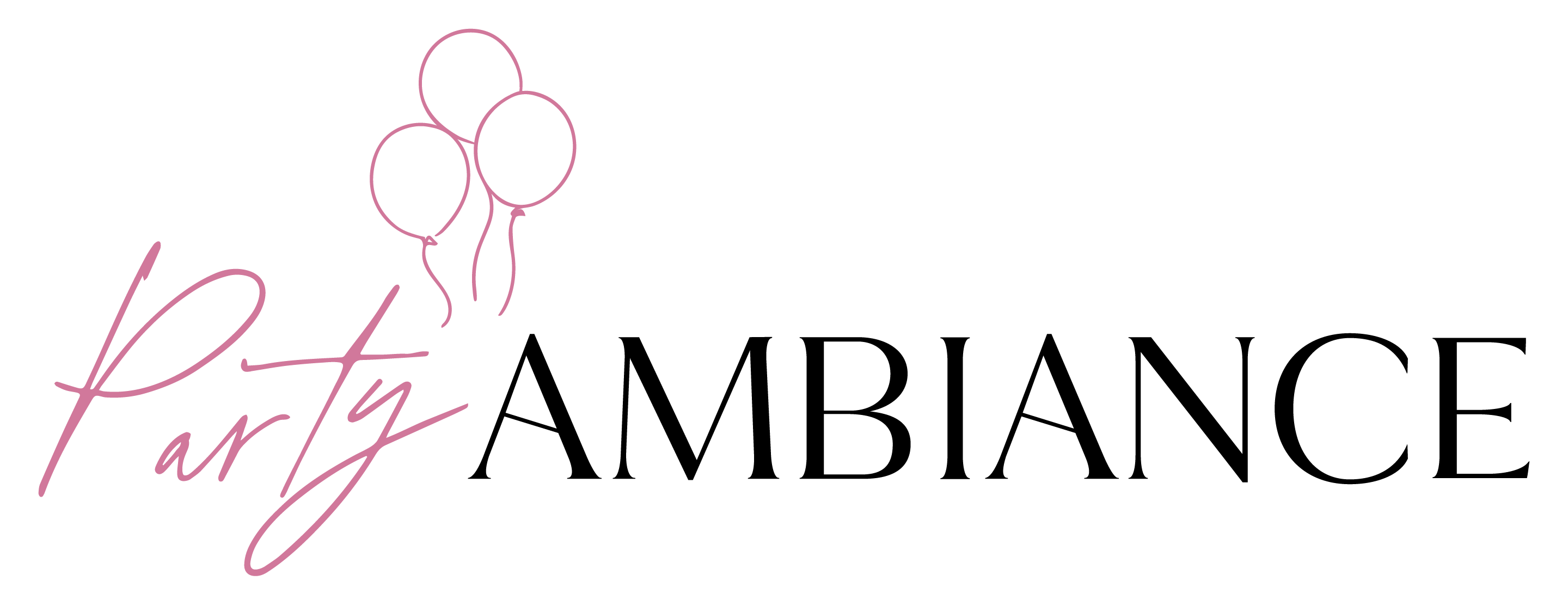 Logo of "party ambiance" in Omaha featuring stylized pink text with an illustration of a balloon garland.