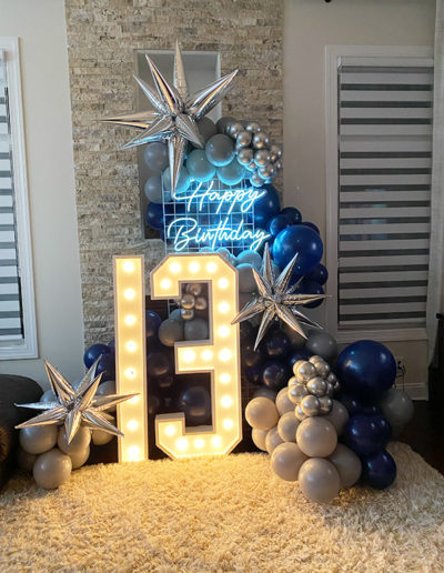 Birthday decoration with number "19" sign lit by bulbs, surrounded by a balloon arch and blue and silver balloons along with star ornaments, featuring a "happy birthday" sign above.