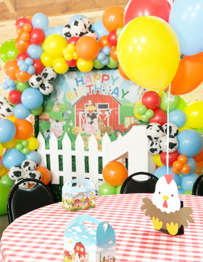 Colorful birthday party setup with a farm animal theme in Omaha, featuring balloons in an arch, a farm backdrop, and themed table decorations.